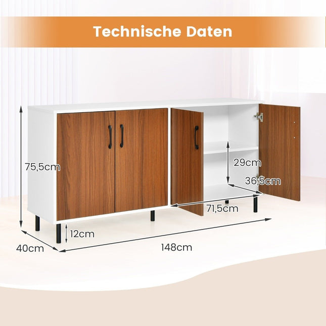 Sideboard chest of drawers with 4 doors sideboard cabinet wood 148 x 40 x 75.5 cm walnut