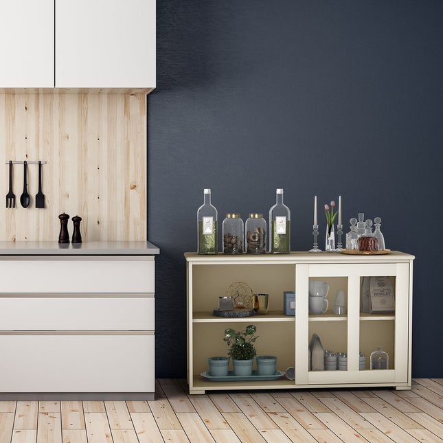Sideboard kitchen cabinet living room rule with sliding doors cream white 106.5 x 33 x 62.5 cm