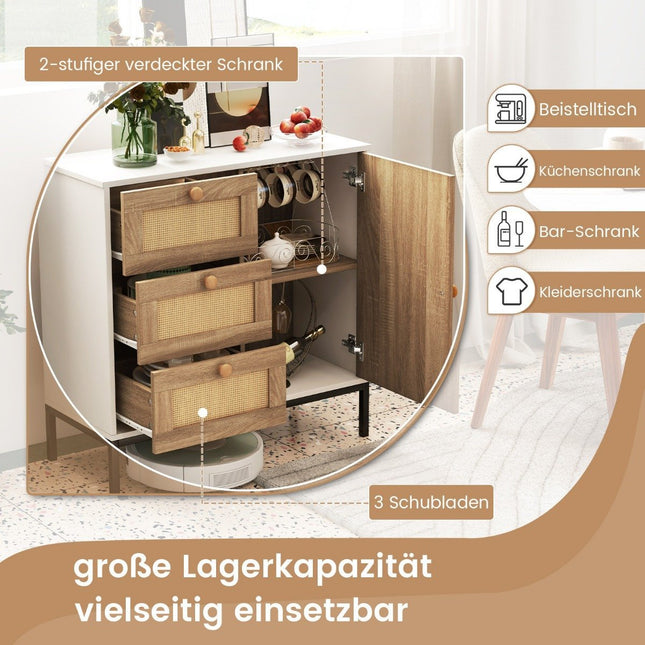 Komoda rattanowa kredens z 1 drzwiami i 3 szufladami Szafka kuchenna 80 x 35 x 80,5 cm biała + naturalna