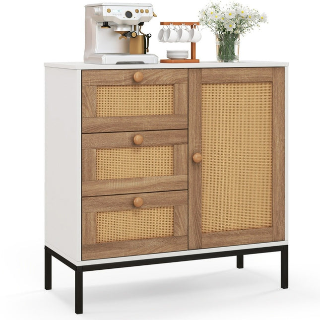 Komoda rattanowa kredens z 1 drzwiami i 3 szufladami Szafka kuchenna 80 x 35 x 80,5 cm biała + naturalna