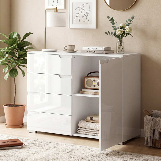 Sideboard with 4 Drawers, 1 Door, Adjustable Shelf, White