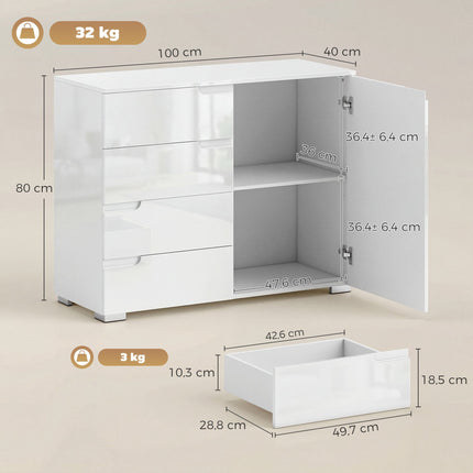 Sideboard with 4 Drawers, 1 Door, Adjustable Shelf, White