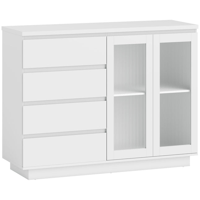 Sideboard with 4 Drawers, 2 Glass Doors, MDF, White
