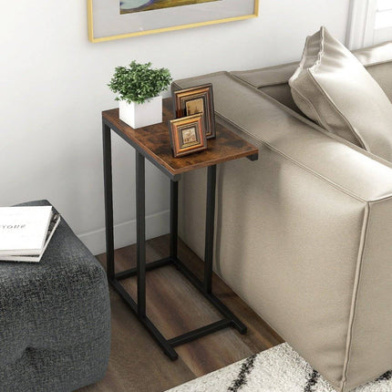 Side table C-shape sofa table with metal frame coffee table for living room rustic brown
