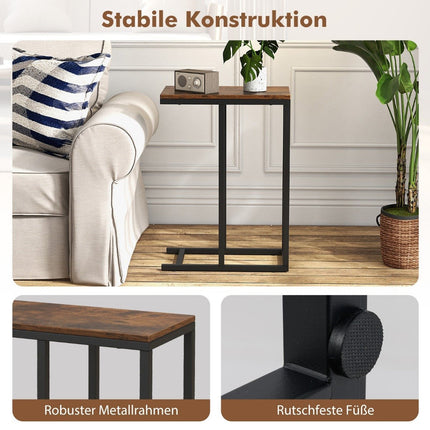 Side table C-shape sofa table with metal frame coffee table for living room rustic brown