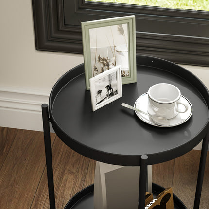 Round black coffee table - steel, 2 shelves, 44x44x56 cm