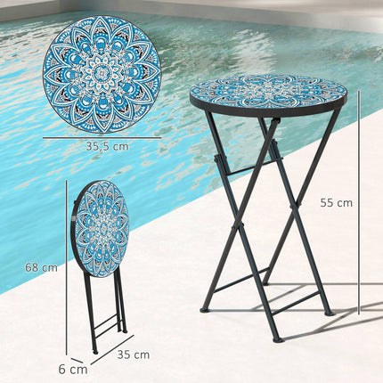 Blue Mosaic Folding Metal Table, Weather Resistant - Indoor/Outdoor