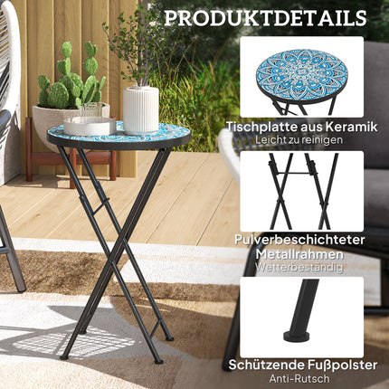 Blue Mosaic Folding Metal Table, Weather Resistant - Indoor/Outdoor
