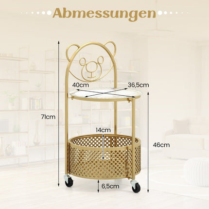 Side table glass with wheels 2-tier glass table round with bear pattern gold
