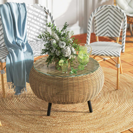 Round coffee table in poly rattan with glass top - Ø75 x 42 cm