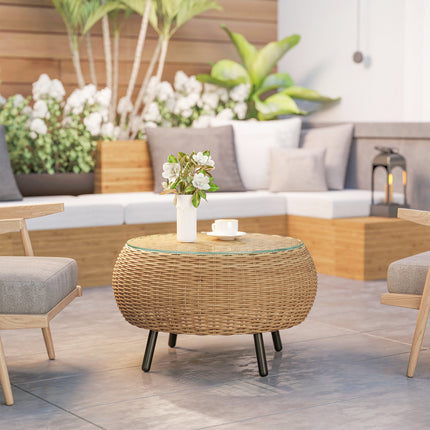 Round coffee table in poly rattan with glass top - Ø75 x 42 cm