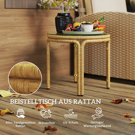 Round side table in poly rattan, Glass top, Ø50 cm, Yellow
