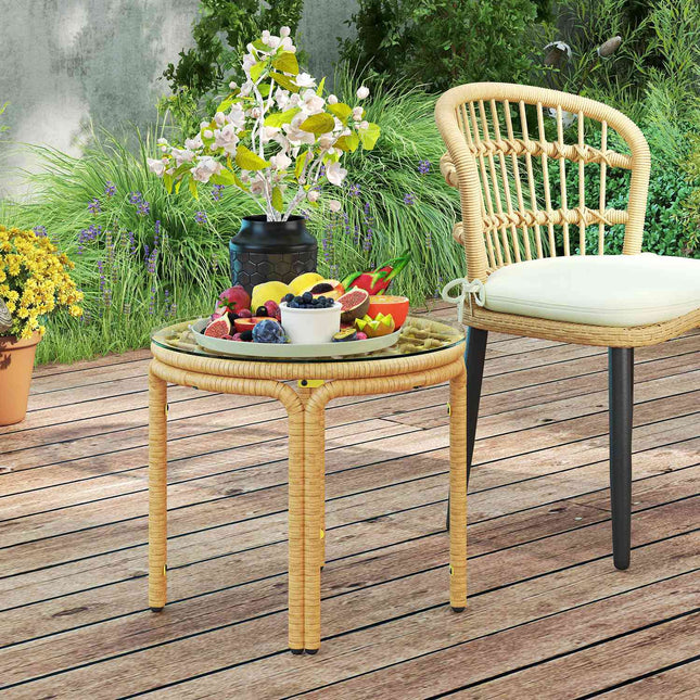 Round side table in poly rattan, Glass top, Ø50 cm, Yellow