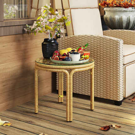 Round side table in poly rattan, Glass top, Ø50 cm, Yellow