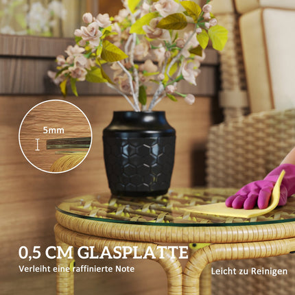 Round side table in poly rattan, Glass top, Ø50 cm, Yellow