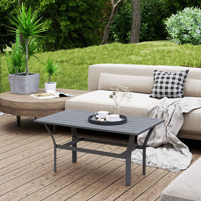 Dark gray metal outdoor table, weather resistant and easy to maintain