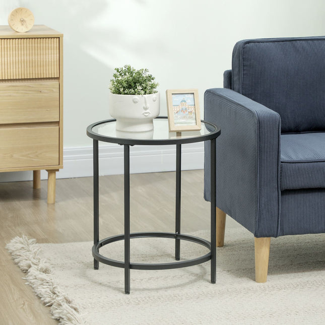 Black round side table - Glass top, metal frame, Ø48 x 54.7 cm