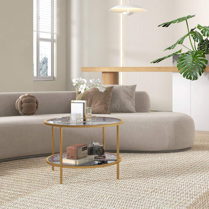 Round Gold Coffee Table with Shelf, Steel frame, Ø60x43 cm