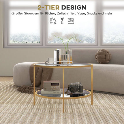 Round Gold Coffee Table with Shelf, Steel frame, Ø60x43 cm