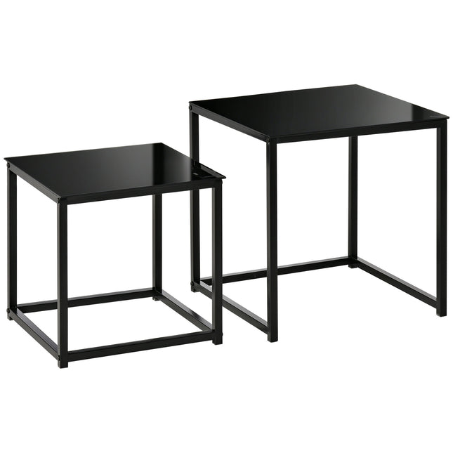Black nesting coffee table set - Glass top, steel frame