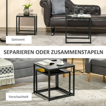 Black nesting coffee table set - Glass top, steel frame