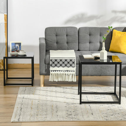 Black nesting coffee table set - Glass top, steel frame