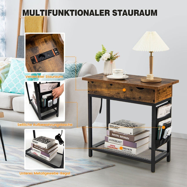 Side table with charging station, narrow coffee table, 60 x 30 x 58.5 cm, brown