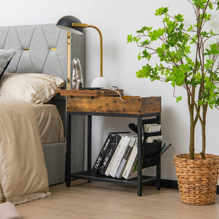Side table with charging station, narrow coffee table, 60 x 30 x 58.5 cm, brown