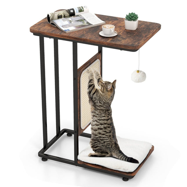 Side table with sisal scratching board 4 in 1 cat furniture cat scratcher with removable cushion & ball 50 x 30 x 64 cm rustic brown