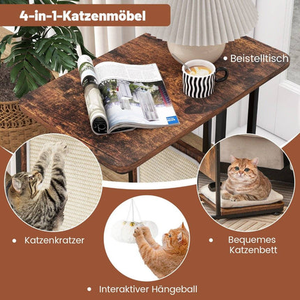 Side table with sisal scratching board 4 in 1 cat furniture cat scratcher with removable cushion & ball 50 x 30 x 64 cm rustic brown