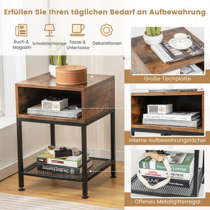 Side table with storage compartment and grid shelf bedside table with metal frame 40 x 40 x 57.5 cm