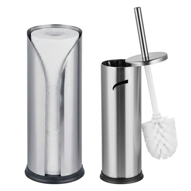Silver Bathroom Set: Toilet Roll Holder & Brush