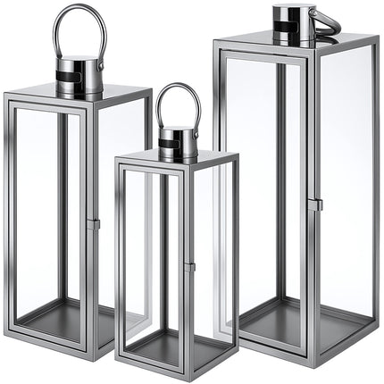 Silver Glass Candle Lanterns Set of 3, 38/49/63 cm, Stainless Steel Frame