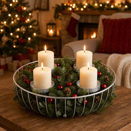 Silver Metal Advent Wreath Bowl – 33 cm Steel Holder