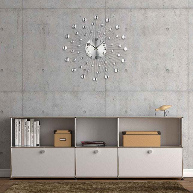 Silver Wall Clock with Glittering Stones, 50cm Diameter