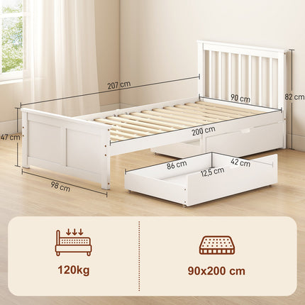 Single Bed Frame with Drawers, Wood, 90x200 cm, White