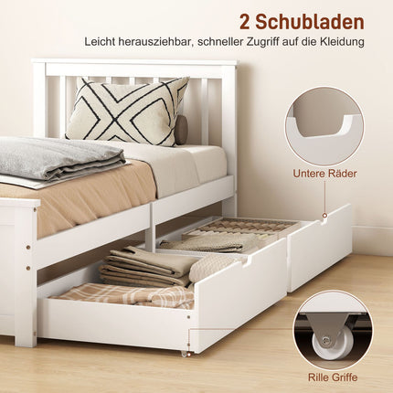 Single Bed Frame with Drawers, Wood, 90x200 cm, White