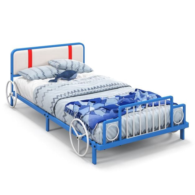 Single Kids Car Bed Frame With Upholstered Headboard