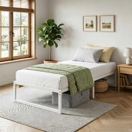 Single Metal Bed Frame with Storage, 90 x 200 cm, White