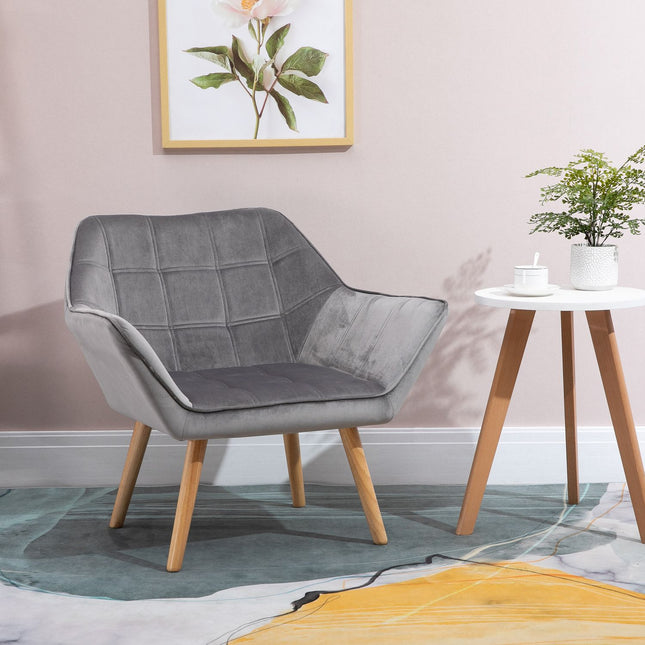 Velvet-like gray Scandinavian armchair, raised legs, 64 x 62 x 72.5 cm