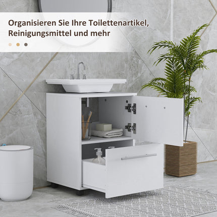 Bathroom base cabinet with drawer and tilt protection