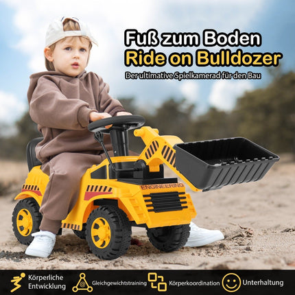 Sit-on excavator with adjustable shovel and storage space under the seat, seated excavator, children's excavator