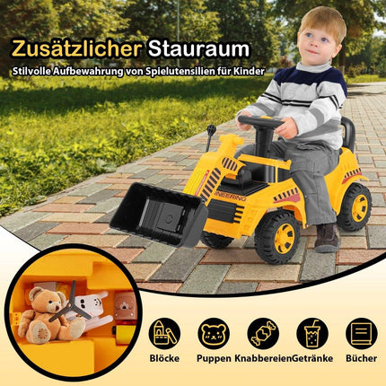 Sit-on excavator with adjustable shovel and storage space under the seat, seated excavator, children's excavator