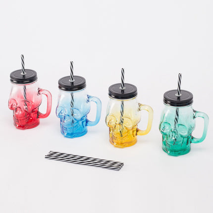 Skull Glasses Set with Lids & Straws, 4-Pack