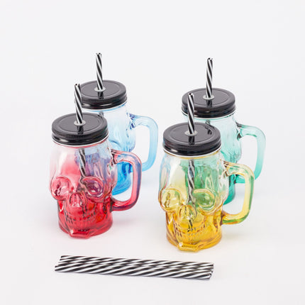 Skull Glasses Set with Lids & Straws, 4-Pack