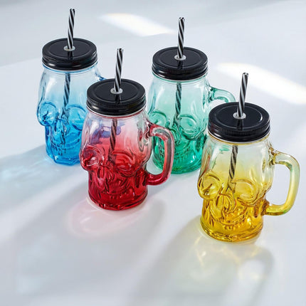 Skull Glasses Set with Lids & Straws, 4-Pack