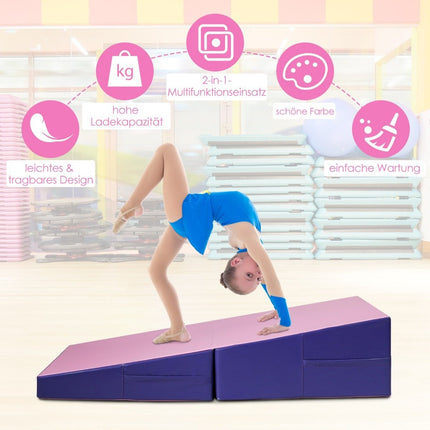 Slanted gymnastics mat, wedge-shaped soft floor mat, foldable 2 in 1 gymnastics mat with carrying handle 150 x 75 x 36 cm pink + purple