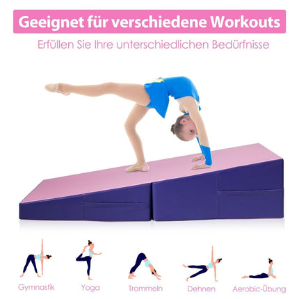 Slanted gymnastics mat, wedge-shaped soft floor mat, foldable 2 in 1 gymnastics mat with carrying handle 150 x 75 x 36 cm pink + purple