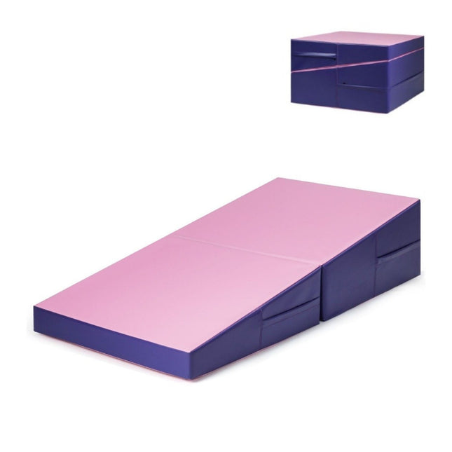 Schuine gymnastiekmat, wigvormige zachte vloermat, opvouwbare 2-in-1 gymnastiekmat met draaggreep 150 x 75 x 36 cm roze + paars
