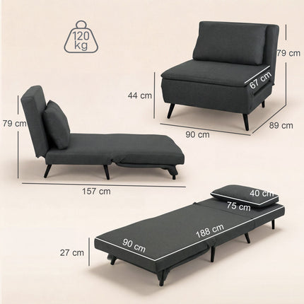Sleeper Chair Bed, 3-in-1 Fold-Out Linen-Look, Dark Gray